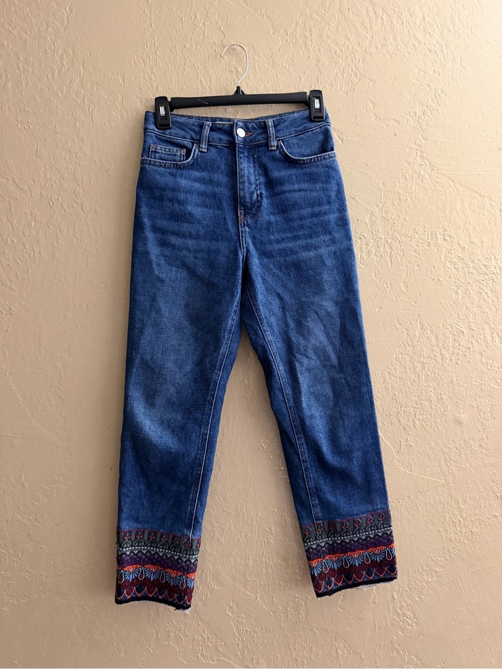 Topshop Blue Cropped Jeans with Embroidered Hem